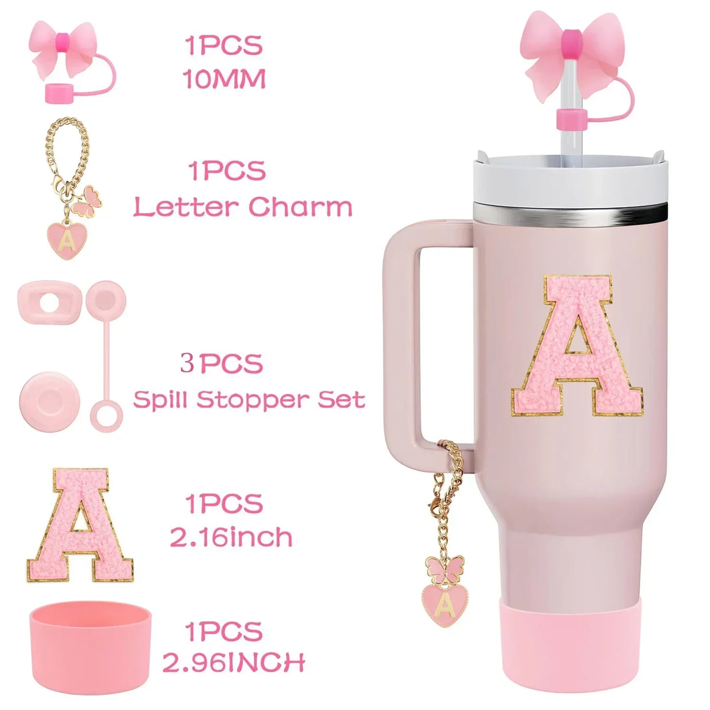 10-Piece Pink Tumbler Accessory Kit – Personalized Letter & Bow Set with Spill Stoppers & Charms