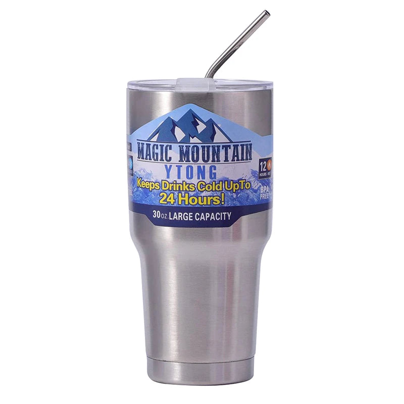 30oz Stainless Steel Ice Cup – Vacuum-Insulated Tumbler with Straw & Slide Lid | Keeps Drinks Cold Up to 24 Hours