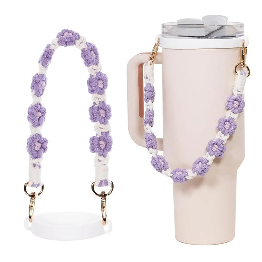 Decorative Water Bottle Sling Carrier – Flower Design Crocheted Handle with Silicone Ring & Strap