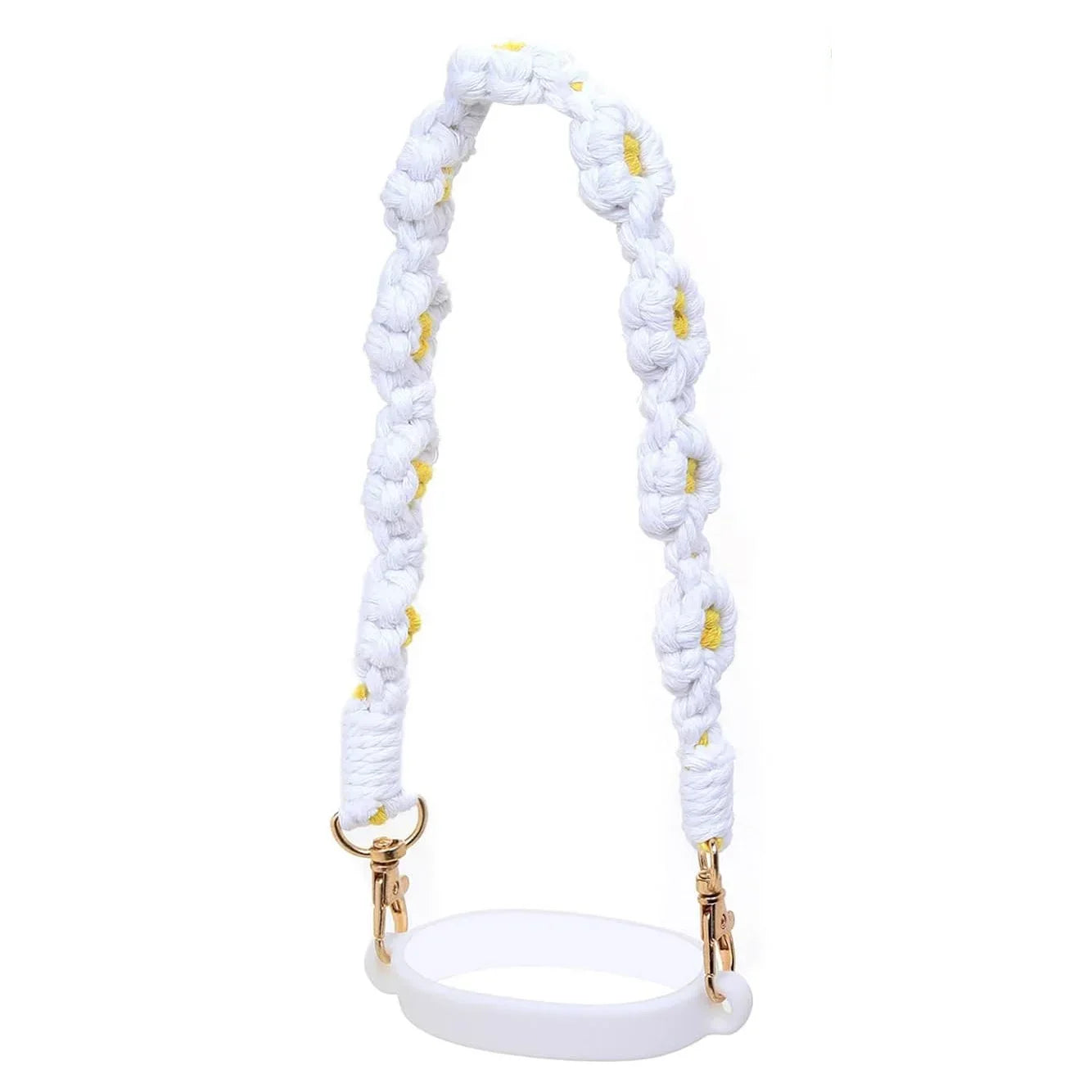 Decorative Water Bottle Sling Carrier – Flower Design Crocheted Handle with Silicone Ring & Strap
