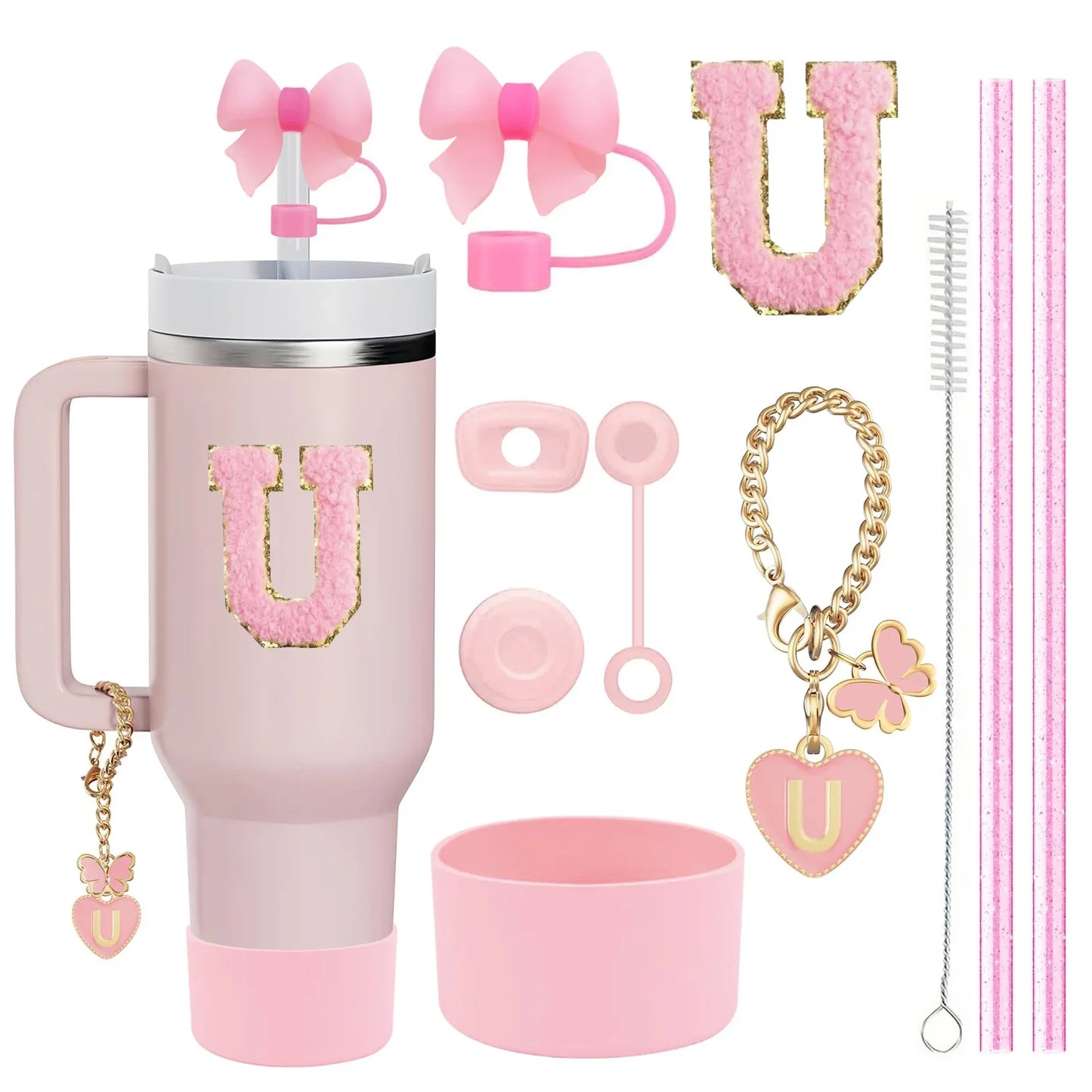 10-Piece Pink Tumbler Accessory Kit – Personalized Letter & Bow Set with Spill Stoppers & Charms