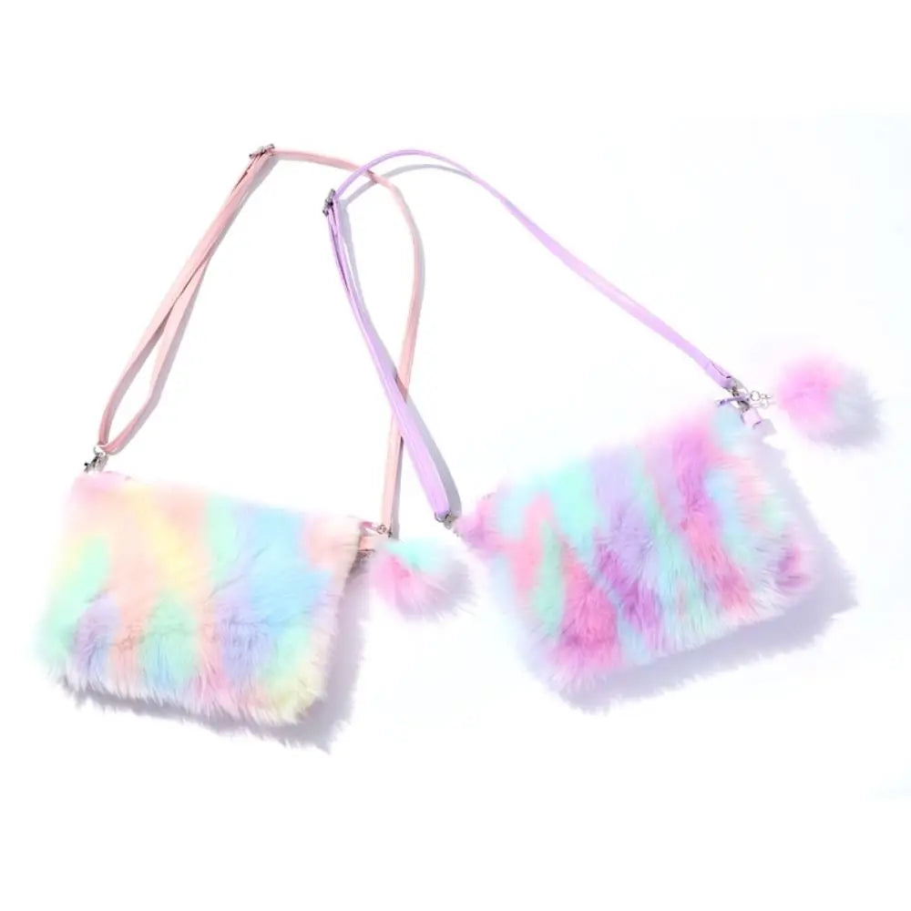 Girls Plush Tie Dye Rainbow Crossbody Purse, Fluffy Fuzzy Bag