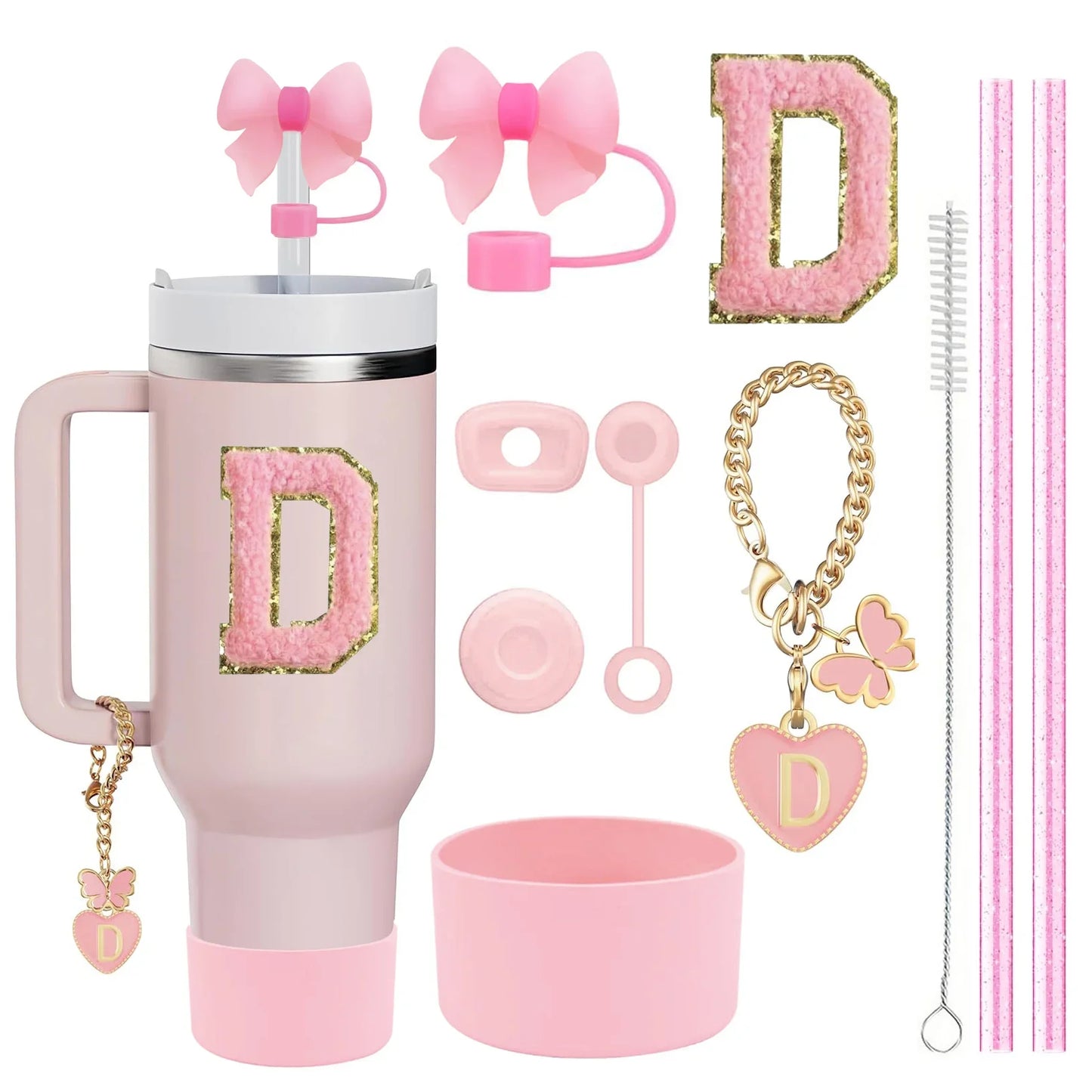 10-Piece Pink Tumbler Accessory Kit – Personalized Letter & Bow Set with Spill Stoppers & Charms