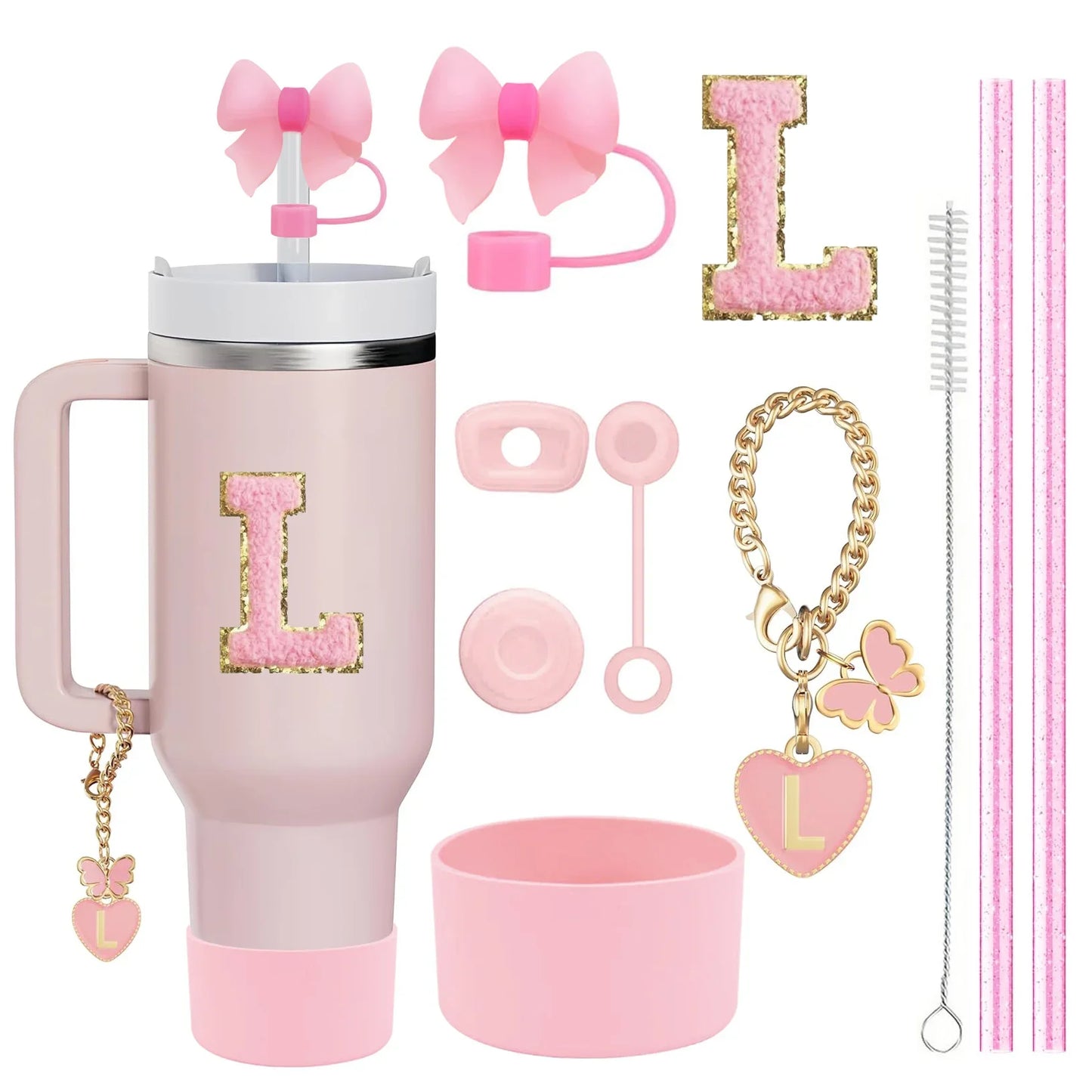 10-Piece Pink Tumbler Accessory Kit – Personalized Letter & Bow Set with Spill Stoppers & Charms
