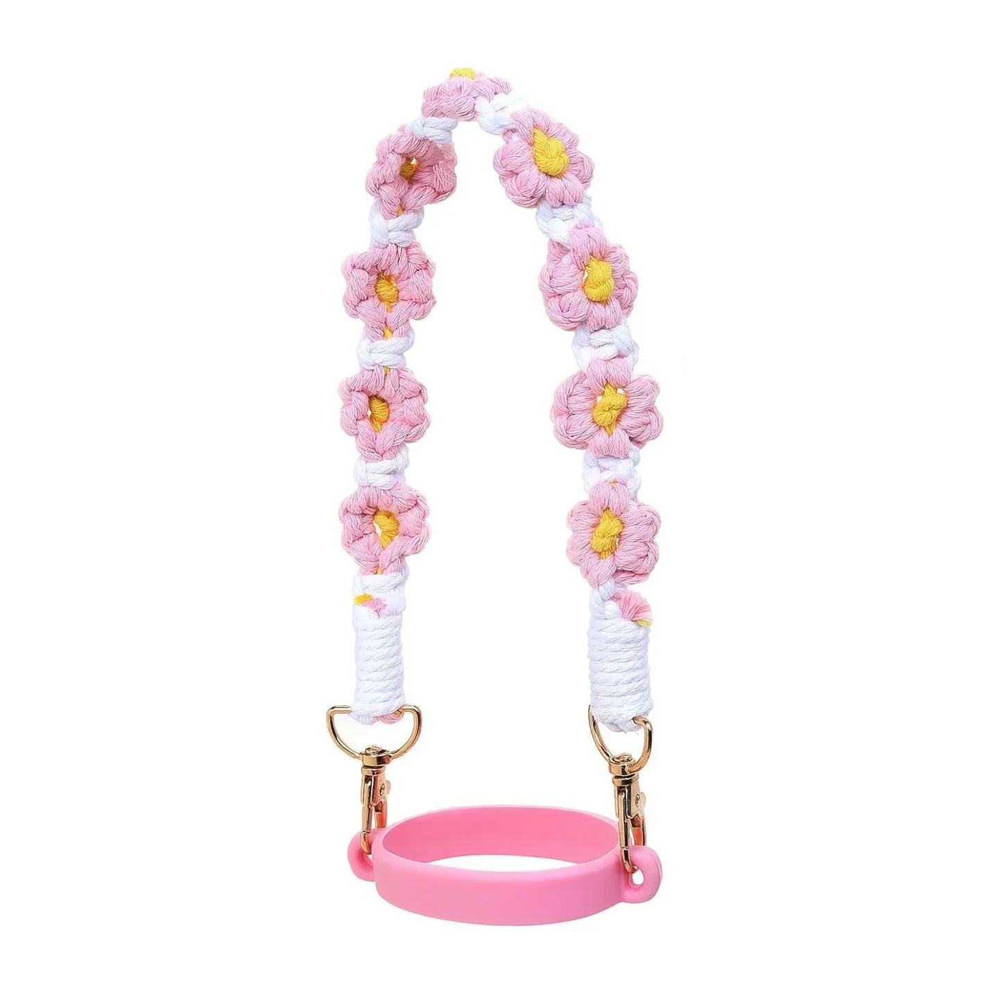 Decorative Water Bottle Sling Carrier – Flower Design Crocheted Handle with Silicone Ring & Strap