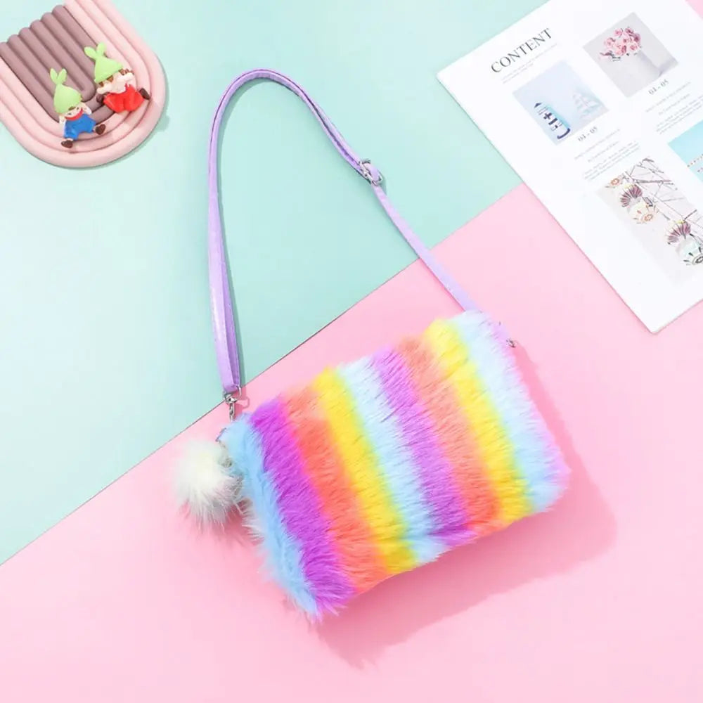 Girls Plush Tie Dye Rainbow Crossbody Purse, Fluffy Fuzzy Bag