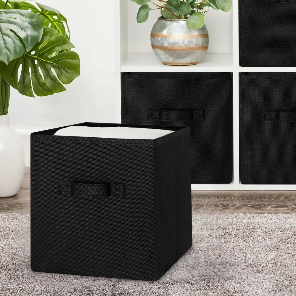 Collapsible Fabric Storage Cubes 6-Pack – Black Cube Organizer Bins with Handles, Foldable Storage for Clothes, Books & Home Office