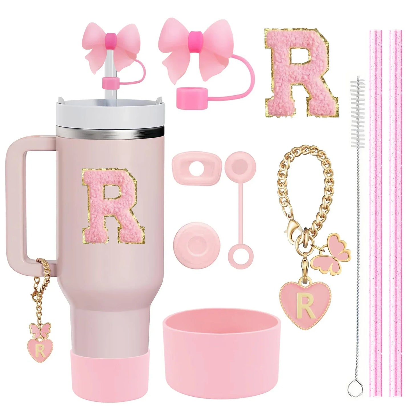 10-Piece Pink Tumbler Accessory Kit – Personalized Letter & Bow Set with Spill Stoppers & Charms