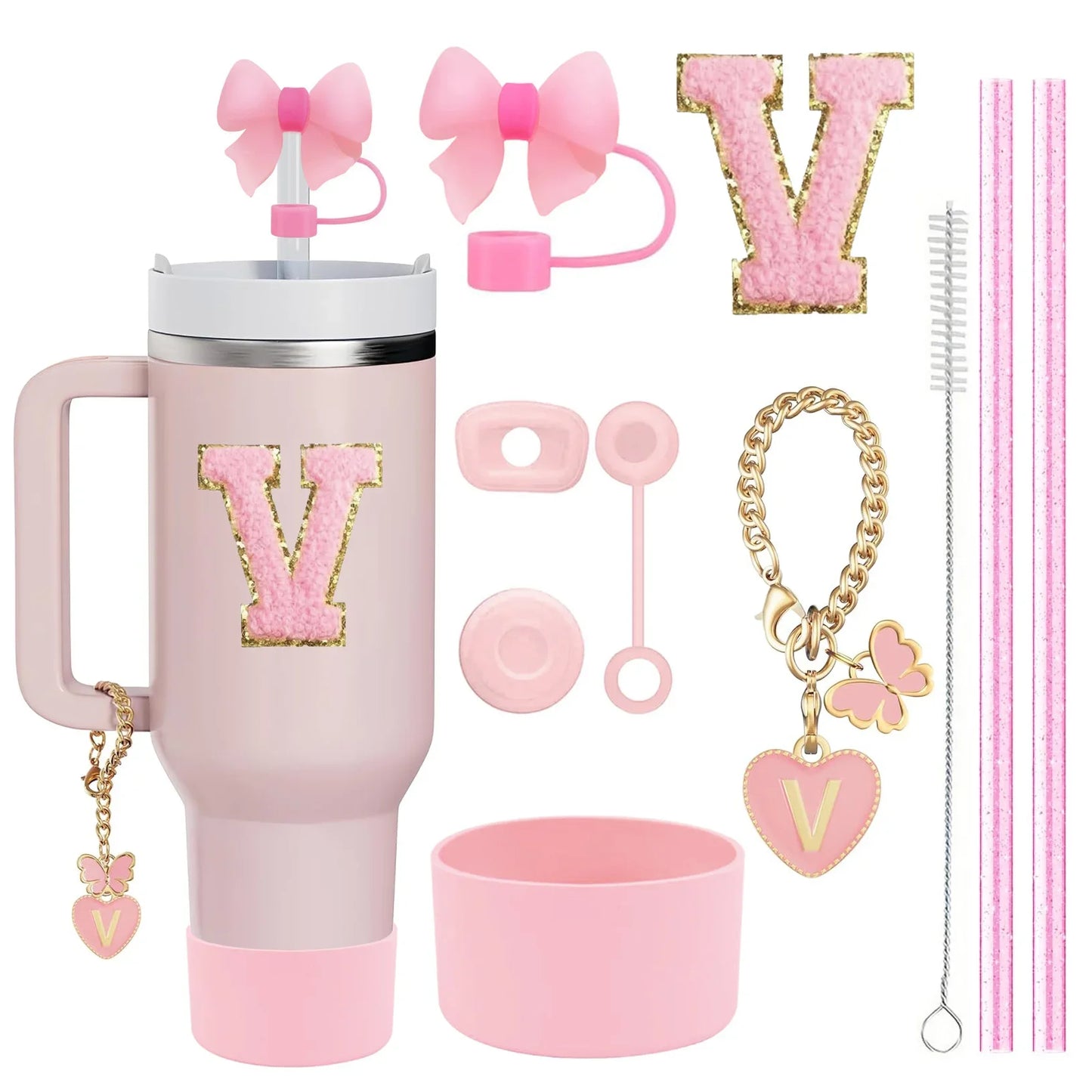 10-Piece Pink Tumbler Accessory Kit – Personalized Letter & Bow Set with Spill Stoppers & Charms