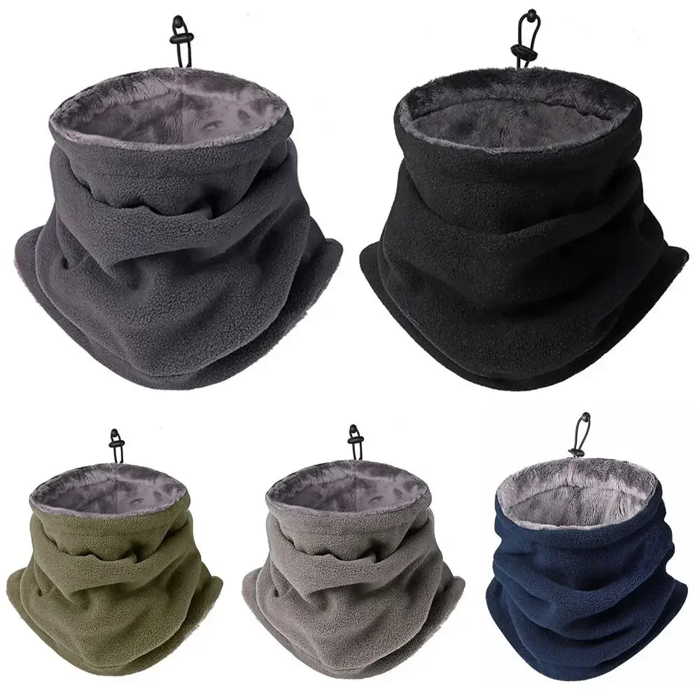 Set of five neck gaiters in gray, black, green, gray, and navy on a white background.