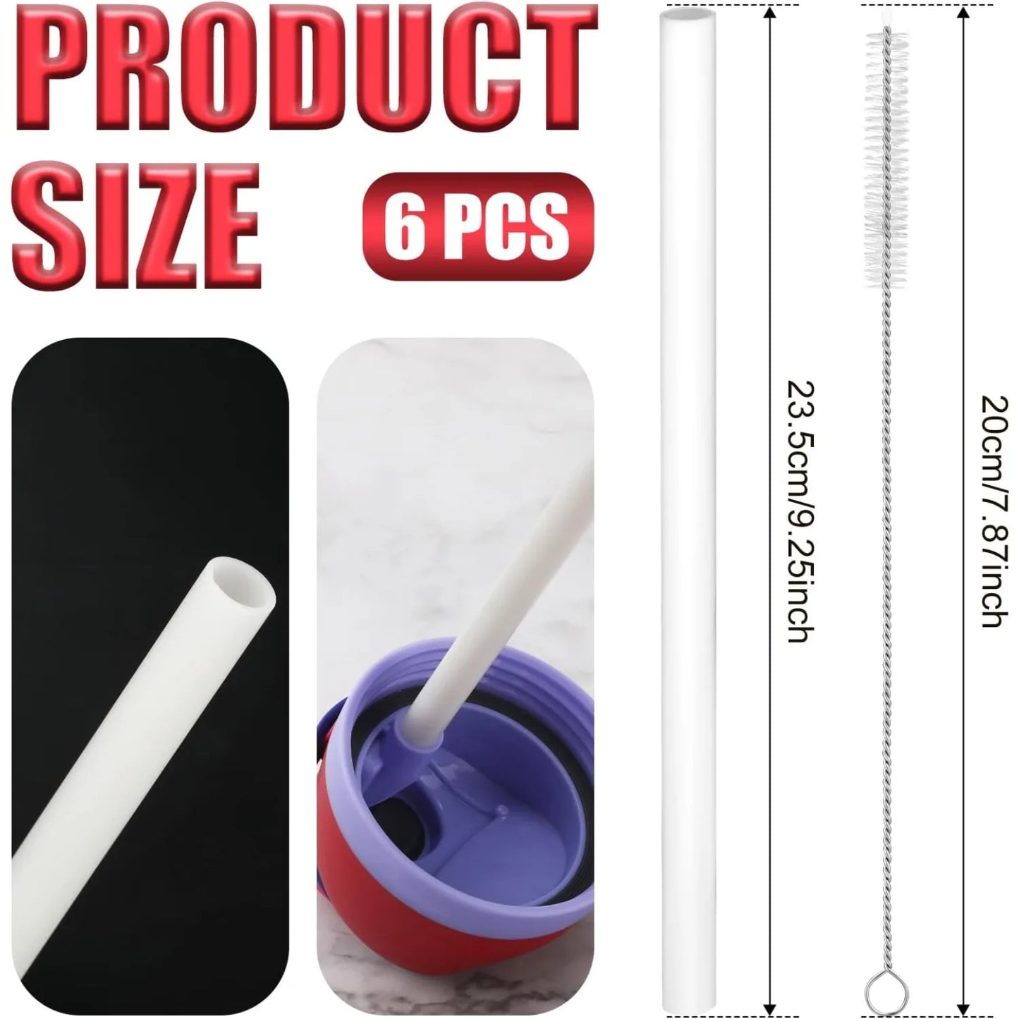 Set of six white straws with a straw cleaner, shown with measurements on a white background.