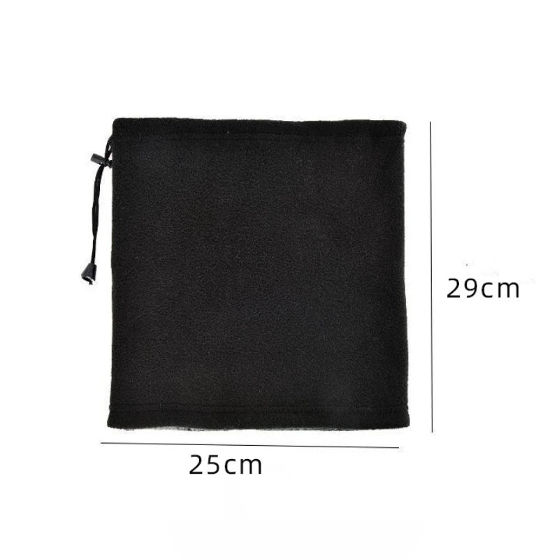 Side view of neck gaiter with black drawstring bag with measurements on a white background