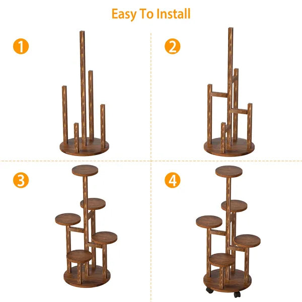 Step-by-step assembly guide for a wooden plant stand with four stages labeled 'Easy To Install'.