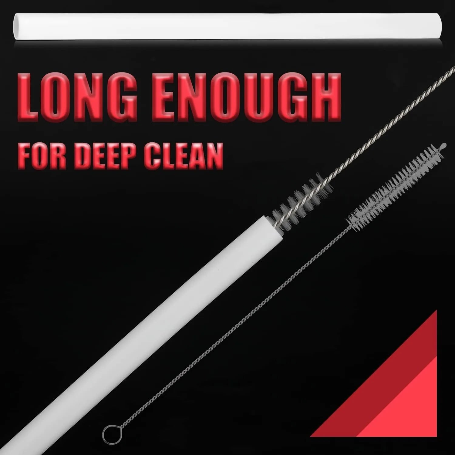 Straw cleaning brush with text 'LONG ENOUGH FOR DEEP CLEAN' on a black background