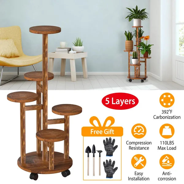 Wooden plant stand with multiple levels in a room setting, featuring text and icons about product features.