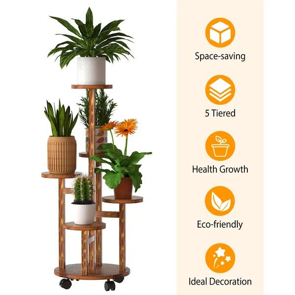 Wooden plant stand with multiple plant pots and features listed on the right.