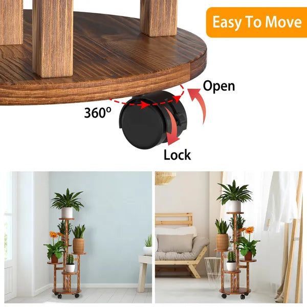 Wooden plant stand with wheels and 360-degree rotation feature, shown in a home setting.