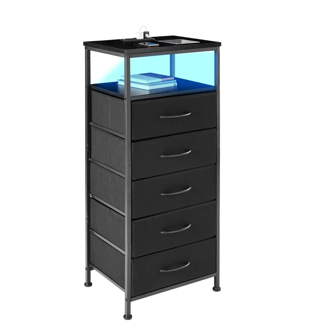 ️ 16" Nightstand with Fabric Drawers, Charging Station & LED Lights