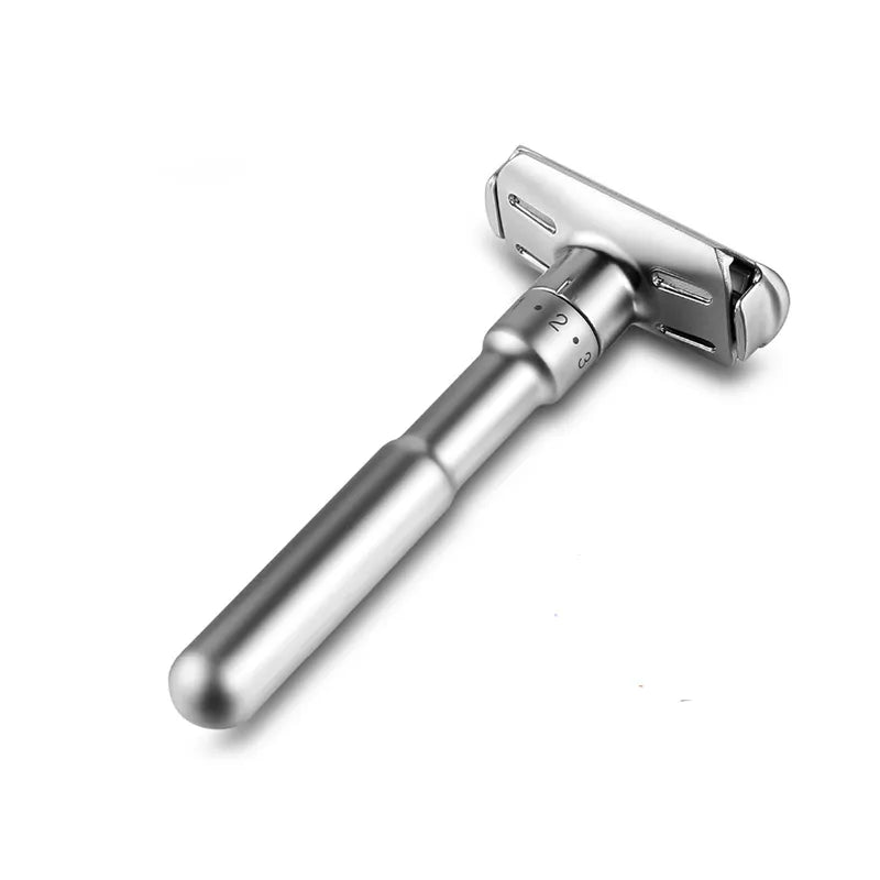 Picture with adjustable blade safety razor for men laid down straight for a side and top view.