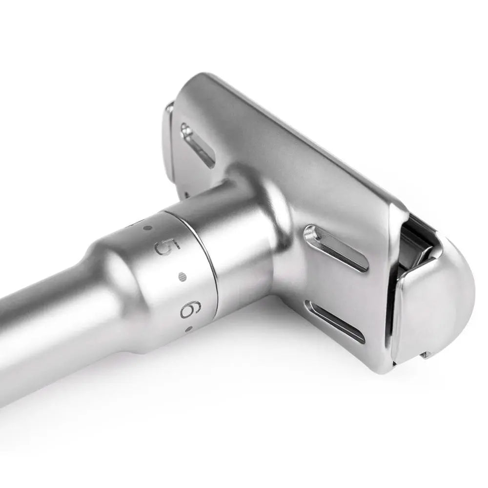 Picture with adjustable blade safety razor for men, showing a closer look of the razor head.