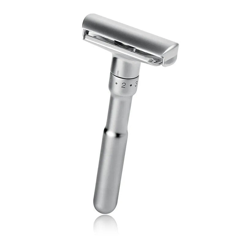 Picture with adjustable blade safety razor for men shown vertically.