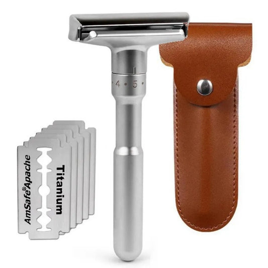 Picture with adjustable blade safety razor for men, shown with PU leather storage cover and 5 stainless steel blades.