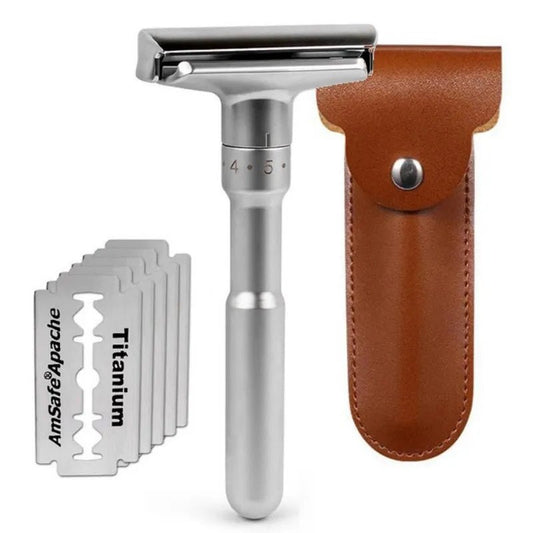 Adjustable Safety Razor For Men | With Leather Cover | Titanium Coated Blades (5pcs included) - goosavvy.com