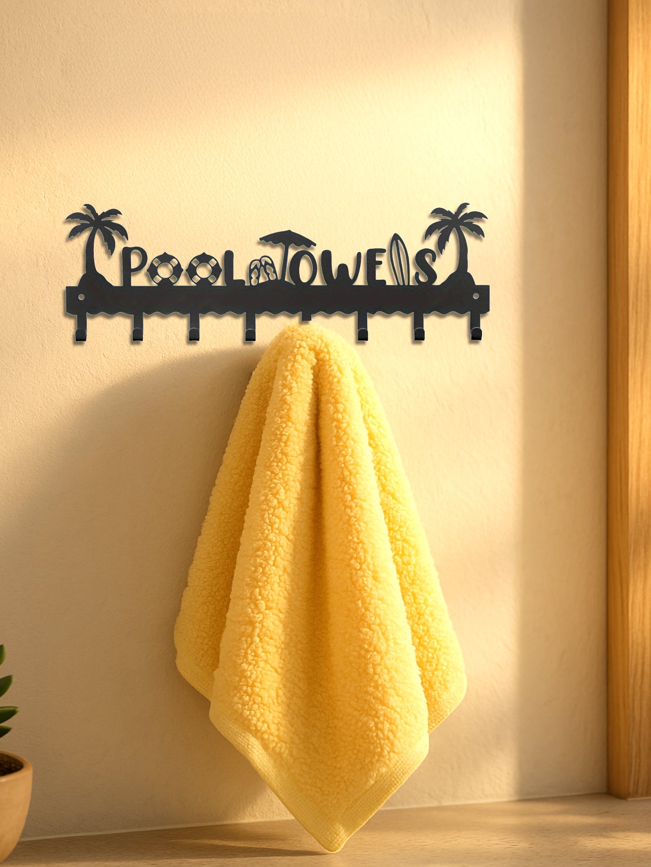 Beach Themed Metal Wall Towel Rack with 8 Hooks – Pool Towel, Robe, & Swimsuit Organizer - goosavvy.com