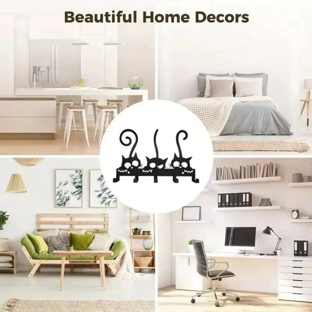 5-hook wall mounted cute cats design key and coat rack shown in the center of various home settings where this could be wall mounted.