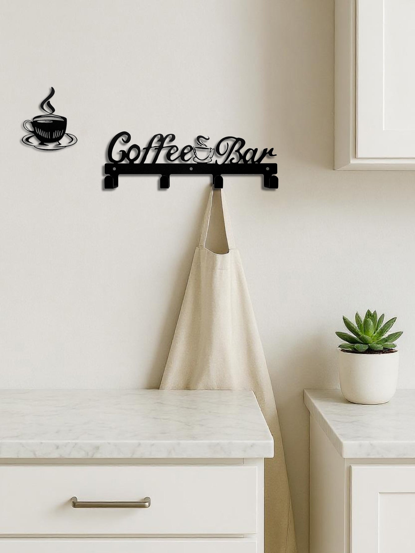Coffee Bar Decor Set: Wall Mounted 4 - Hook Metal Key/Mug Rack with Separate Metal Steaming Cup Art Piece - goosavvy.com