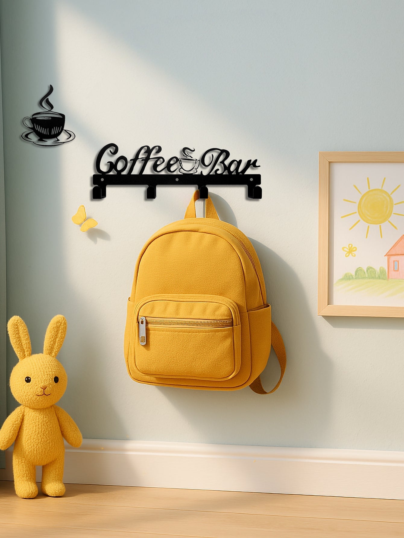 Coffee Bar Decor Set: Wall Mounted 4 - Hook Metal Key/Mug Rack with Separate Metal Steaming Cup Art Piece - goosavvy.com