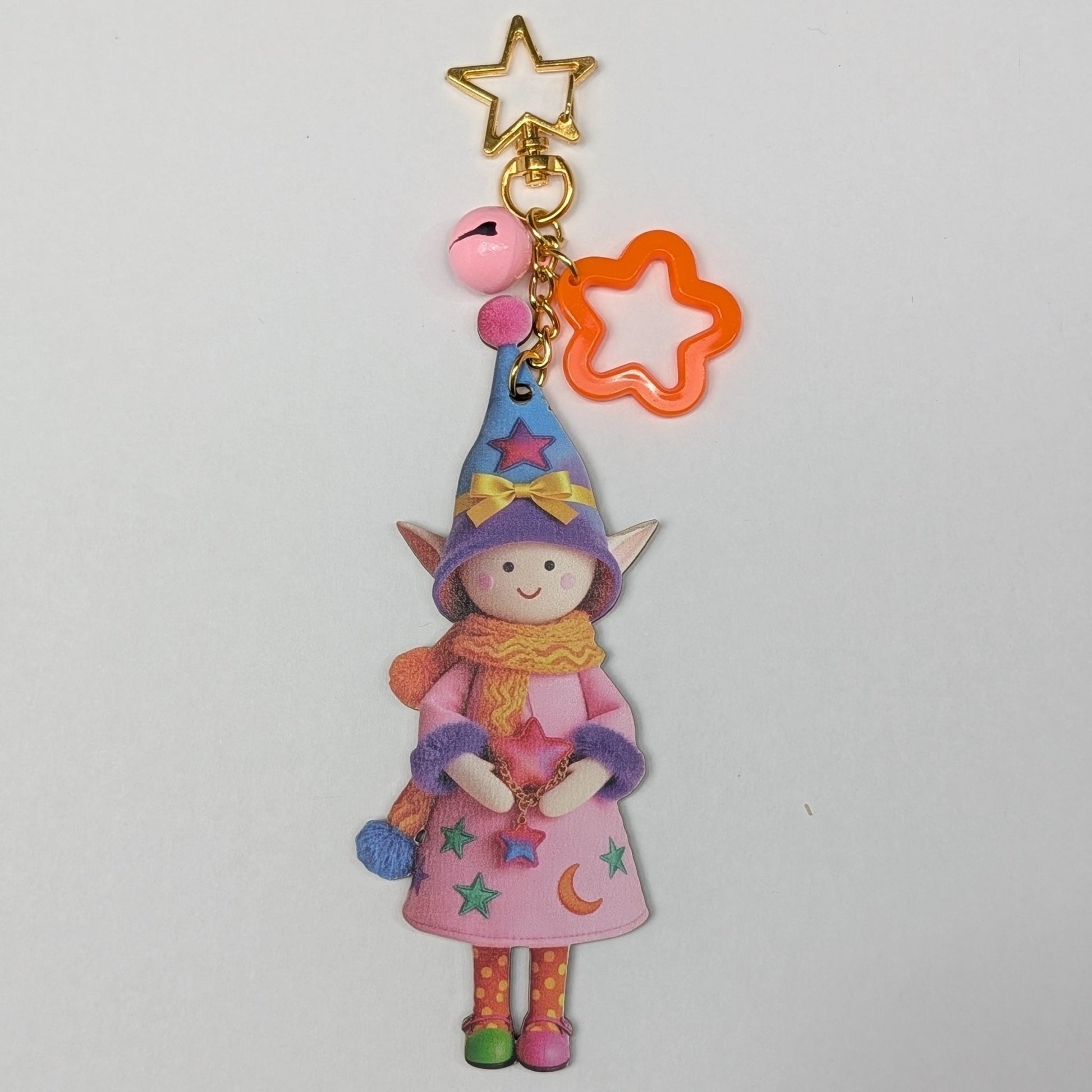 Colorful Elf Character Keychain with Bells and Golden Star Hook – Wood Composite Design - goosavvy.com