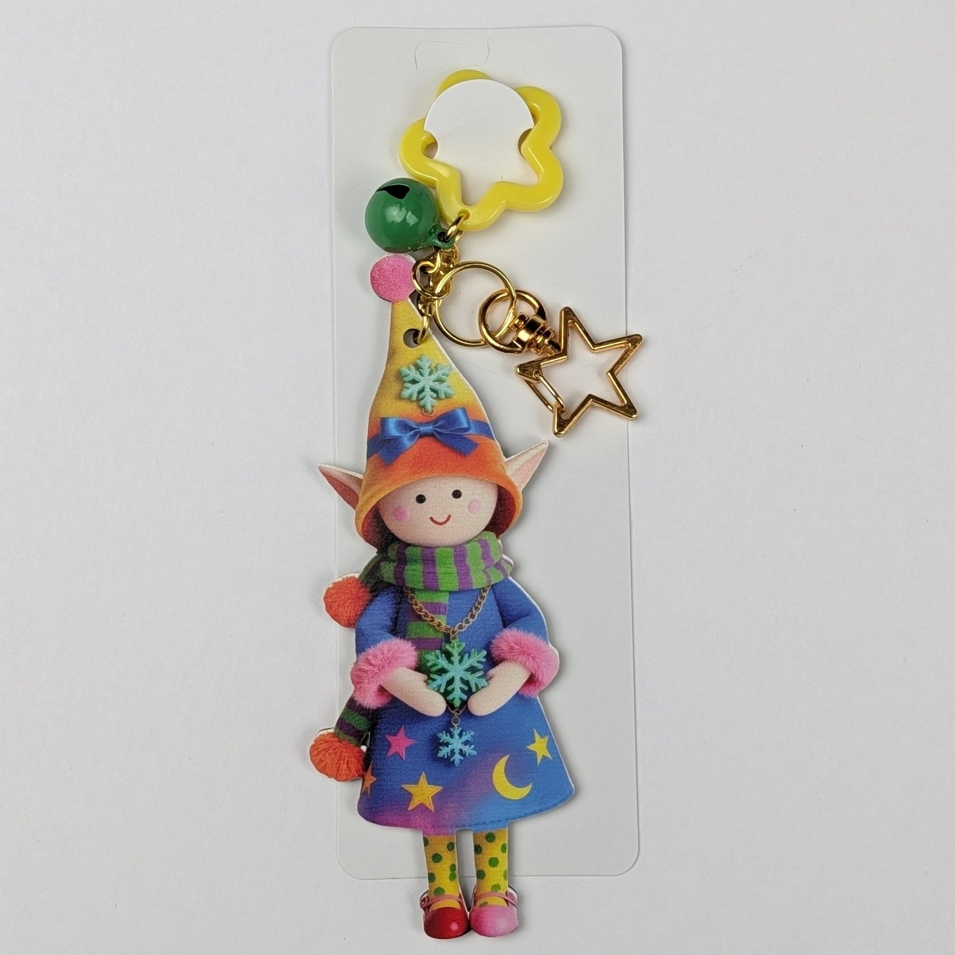 Colorful Elf Character Keychain with Bells and Golden Star Hook – Wood Composite Design - goosavvy.com