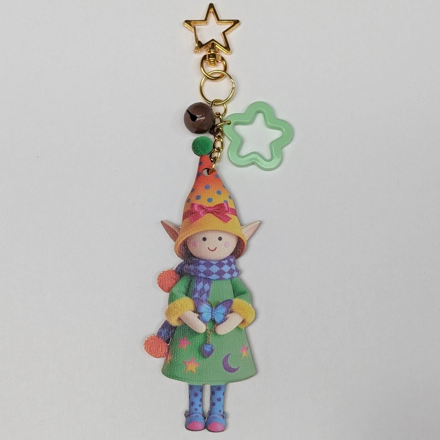 Colorful Elf Character Keychain with Bells and Golden Star Hook – Wood Composite Design - goosavvy.com