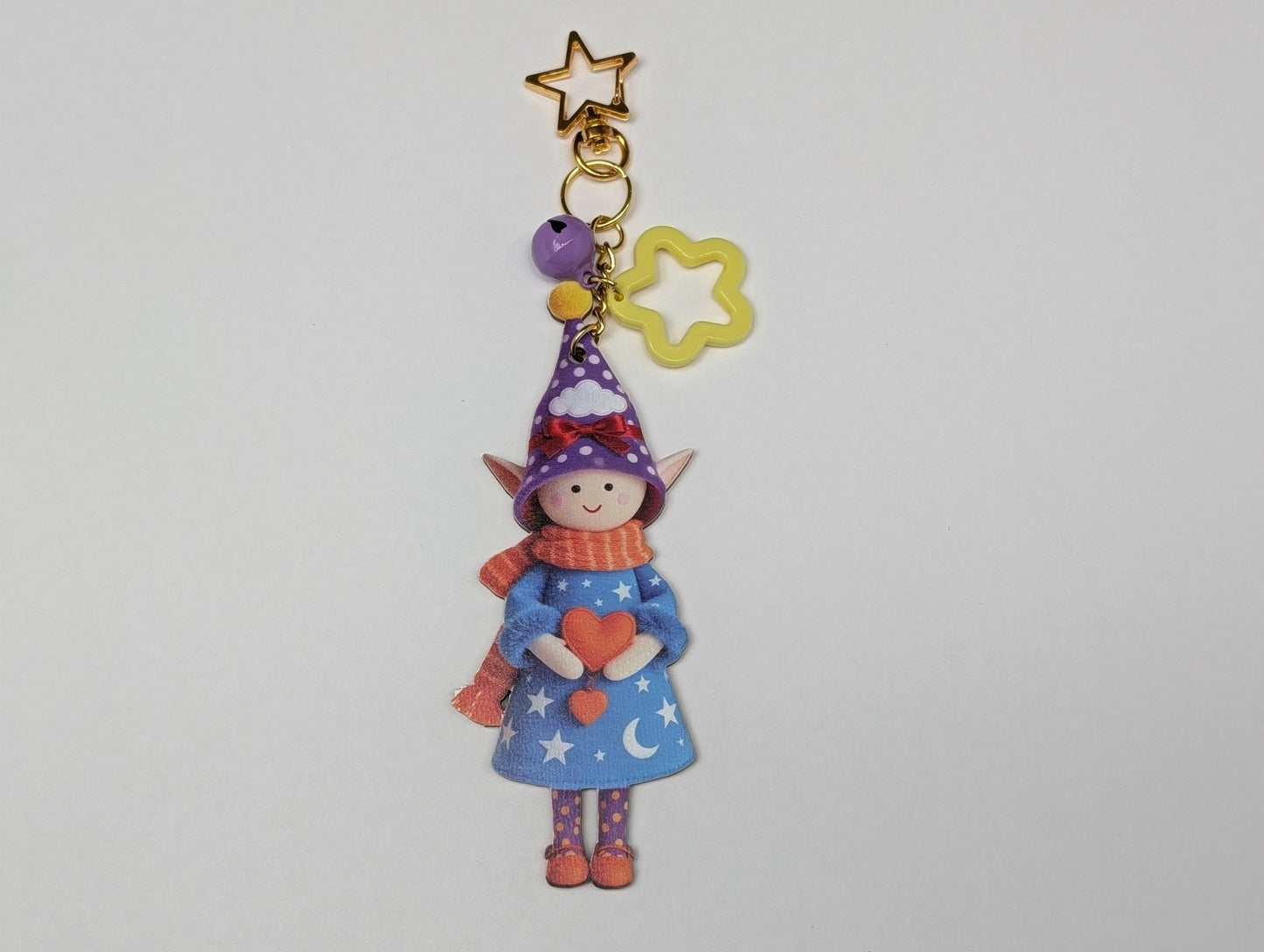 Colorful Elf Character Keychain with Bells and Golden Star Hook – Wood Composite Design - goosavvy.com