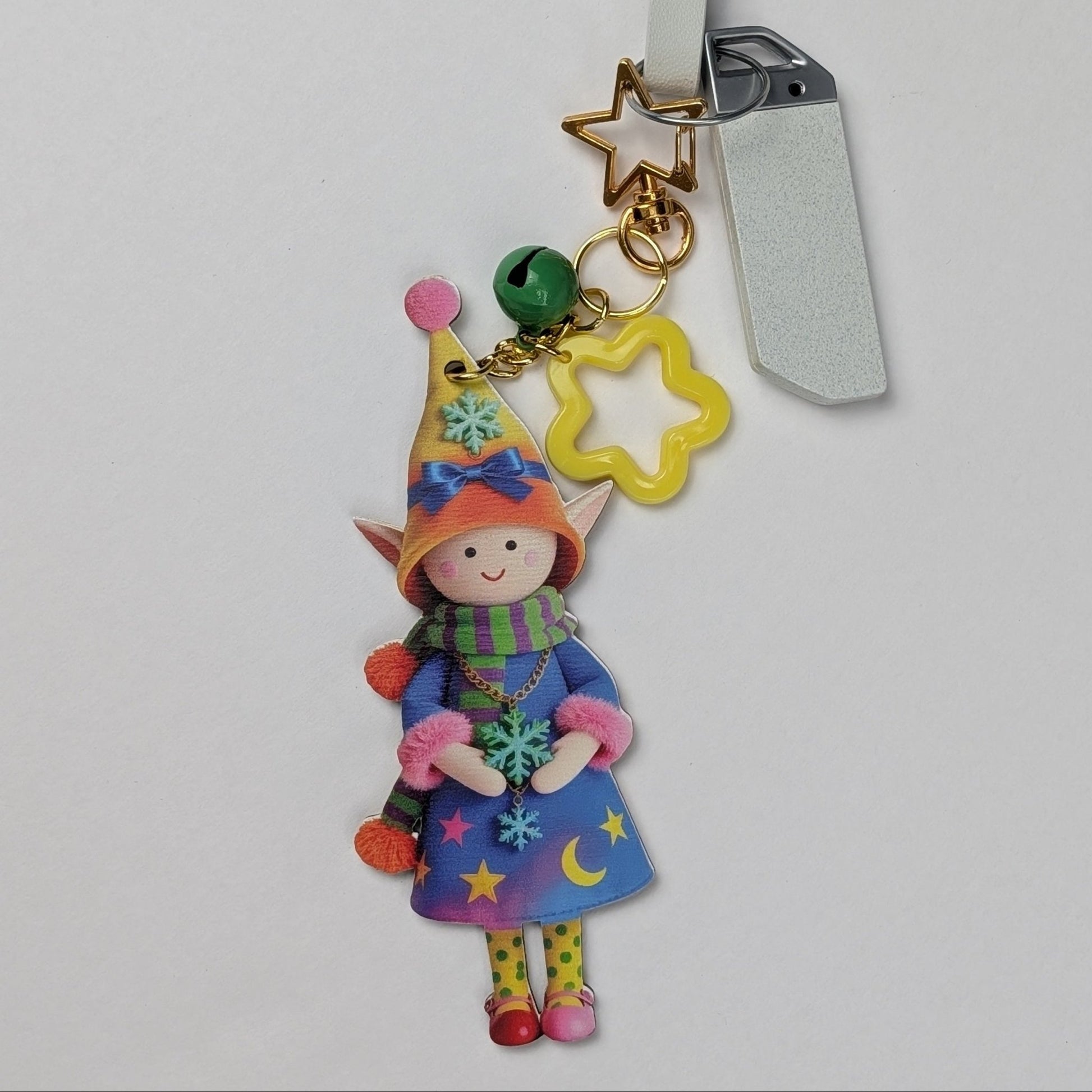 Colorful Elf Character Keychain with Bells and Golden Star Hook – Wood Composite Design - goosavvy.com