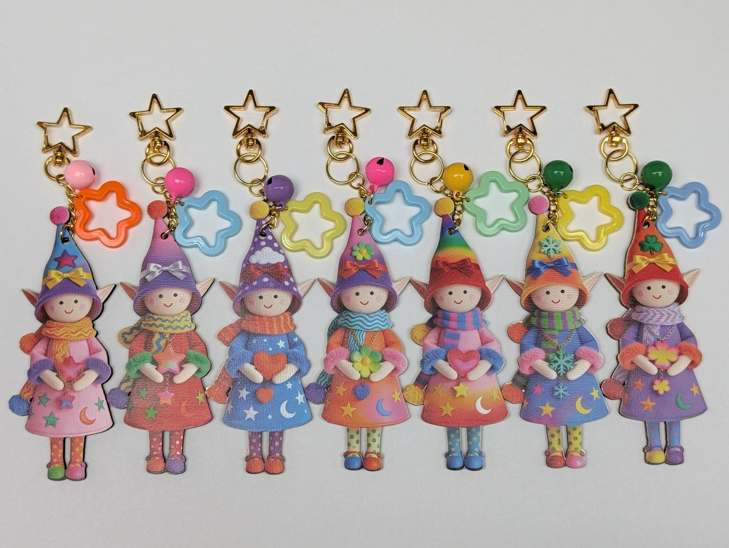 Colorful Elf Character Keychain with Bells and Golden Star Hook – Wood Composite Design - goosavvy.com