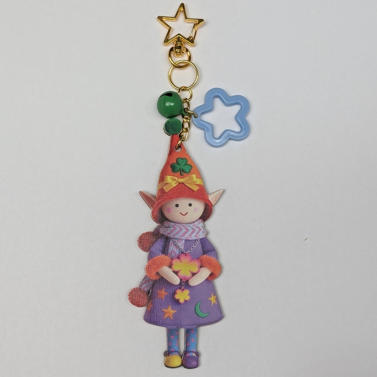 Colorful Elf Character Keychain with Bells and Golden Star Hook – Wood Composite Design - goosavvy.com