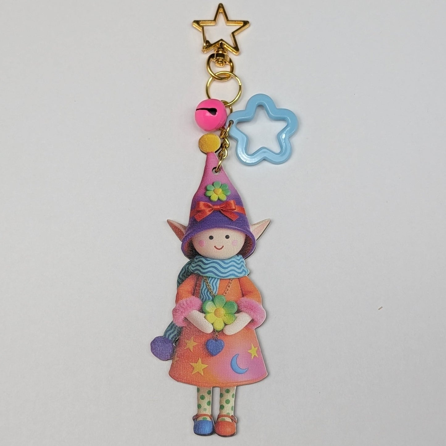 Colorful Elf Character Keychain with Bells and Golden Star Hook – Wood Composite Design - goosavvy.com
