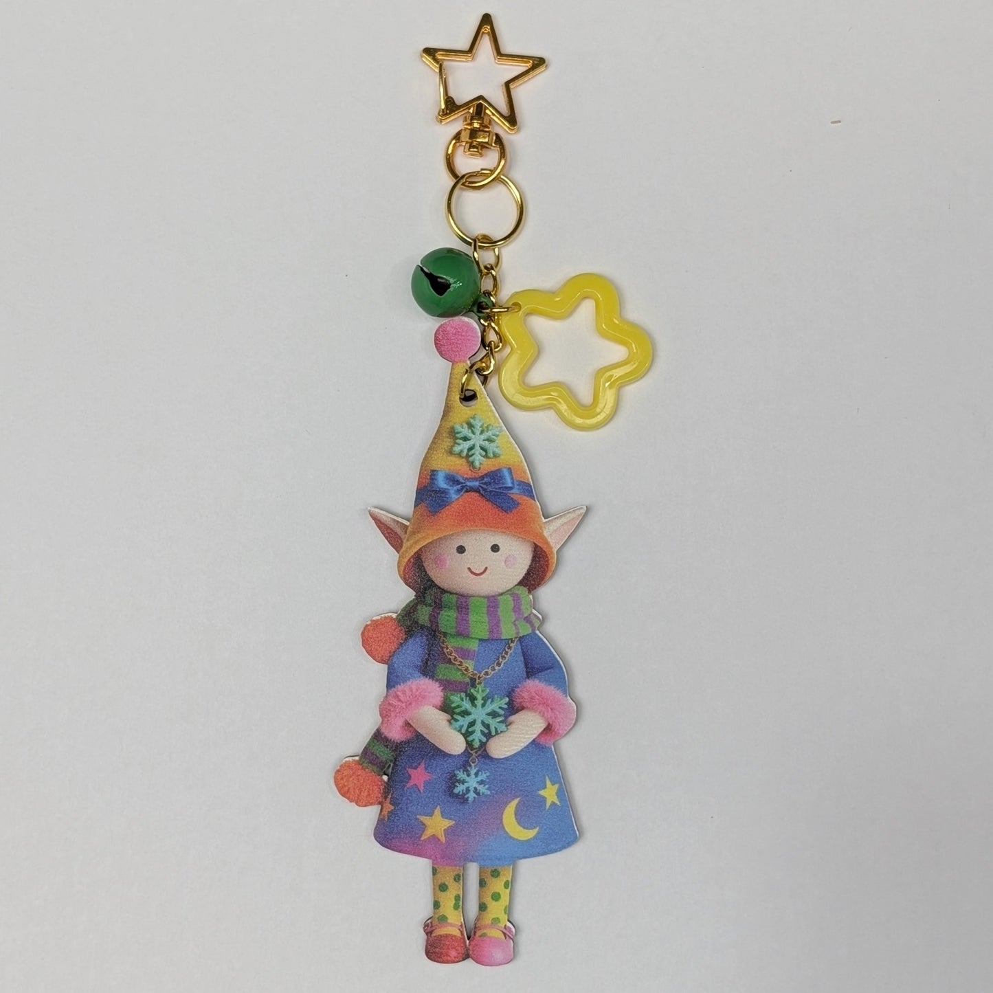 Colorful Elf Character Keychain with Bells and Golden Star Hook – Wood Composite Design - goosavvy.com