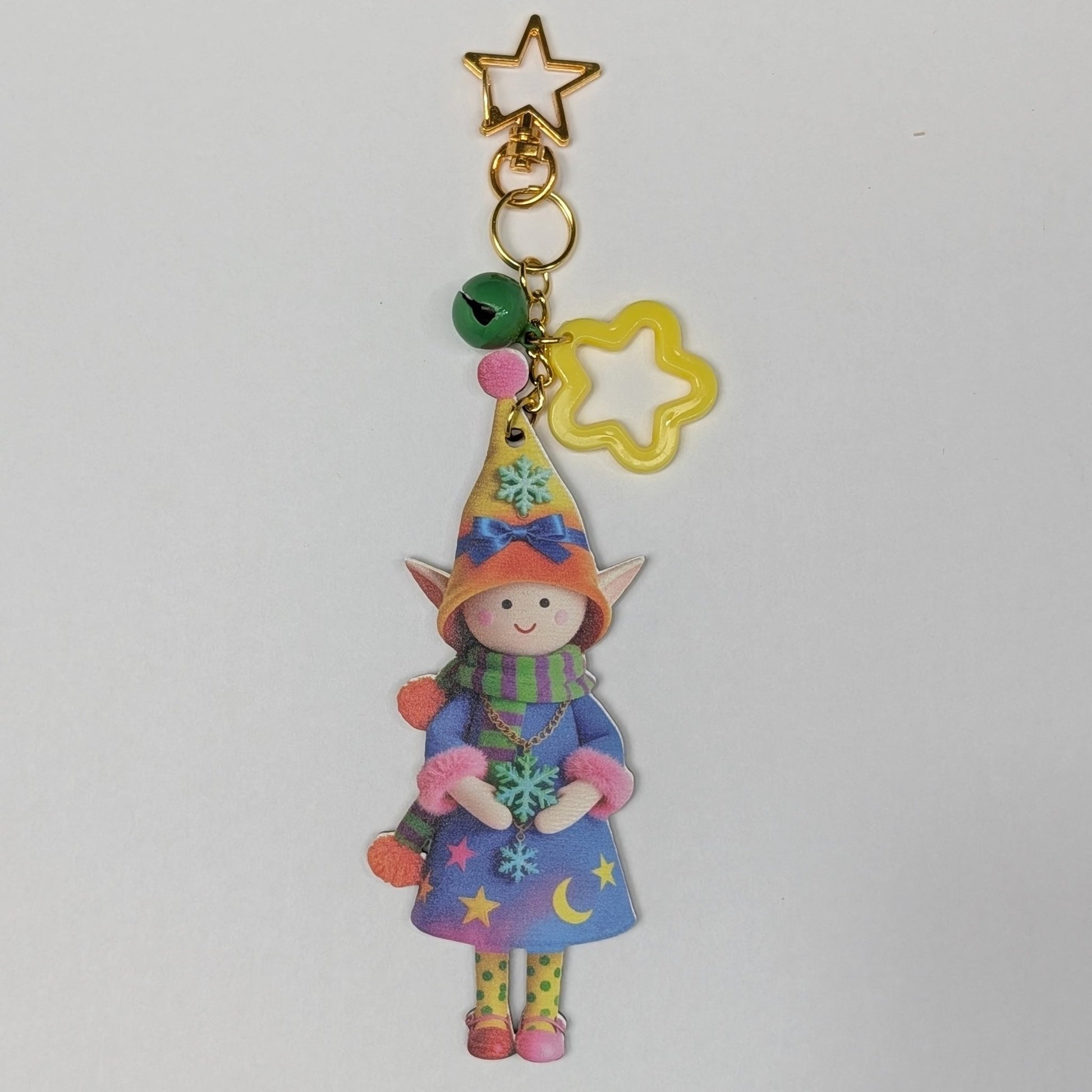 Colorful Elf Character Keychain with Bells and Golden Star Hook – Wood Composite Design - goosavvy.com