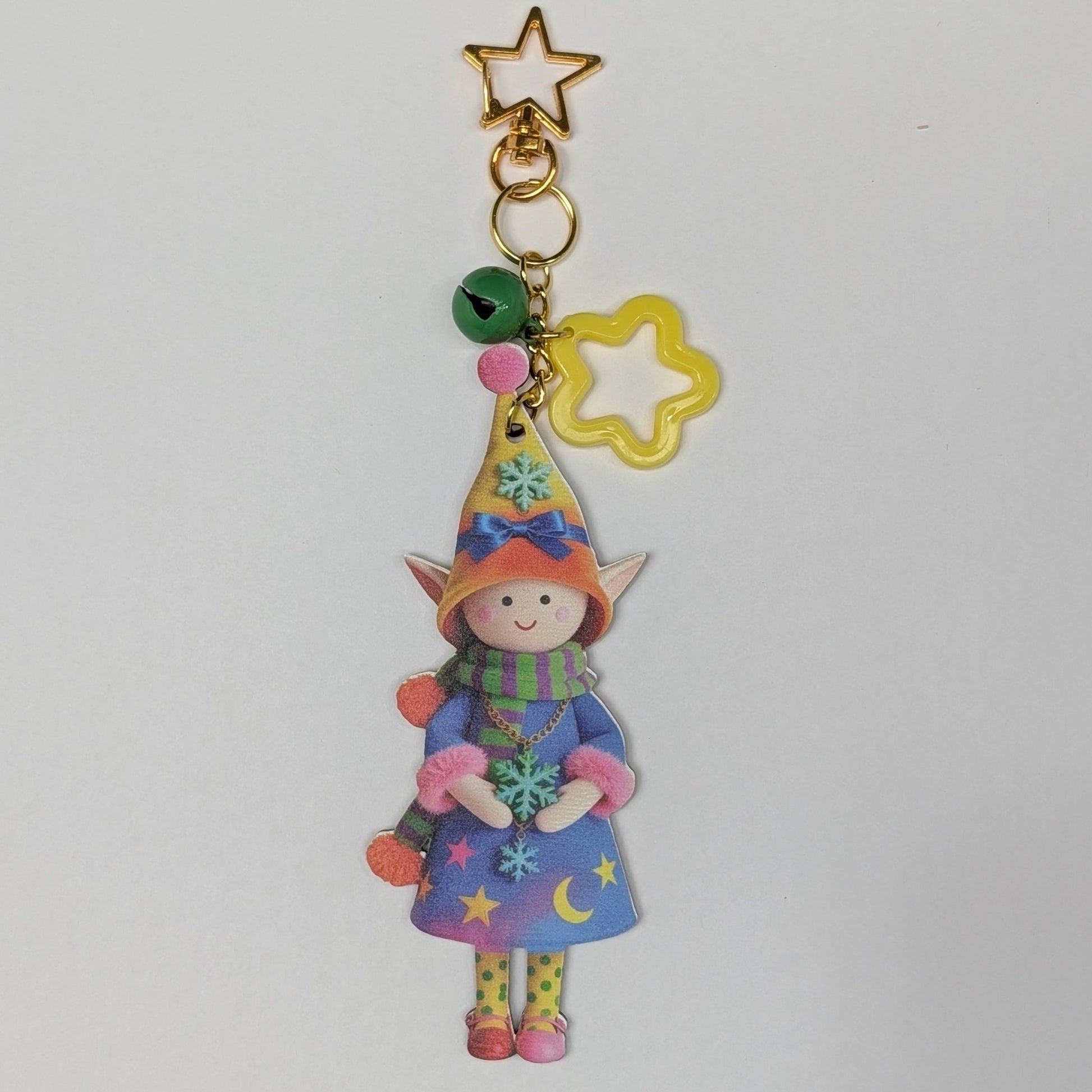 Colorful Elf Character Keychain with Bells and Golden Star Hook – Wood Composite Design - goosavvy.com