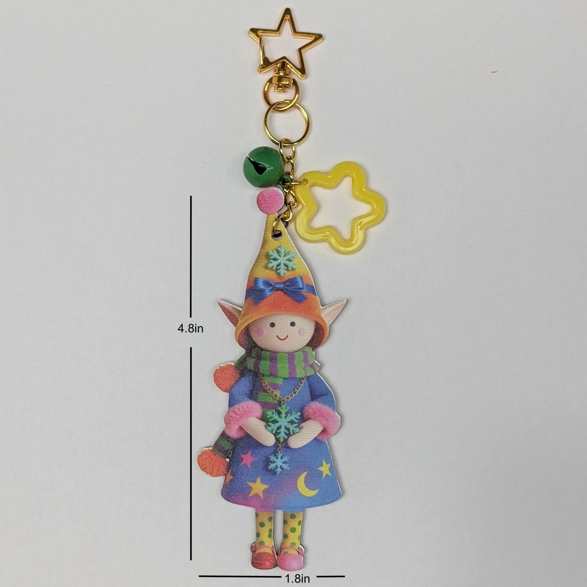Colorful Elf Character Keychain with Bells and Golden Star Hook – Wood Composite Design - goosavvy.com
