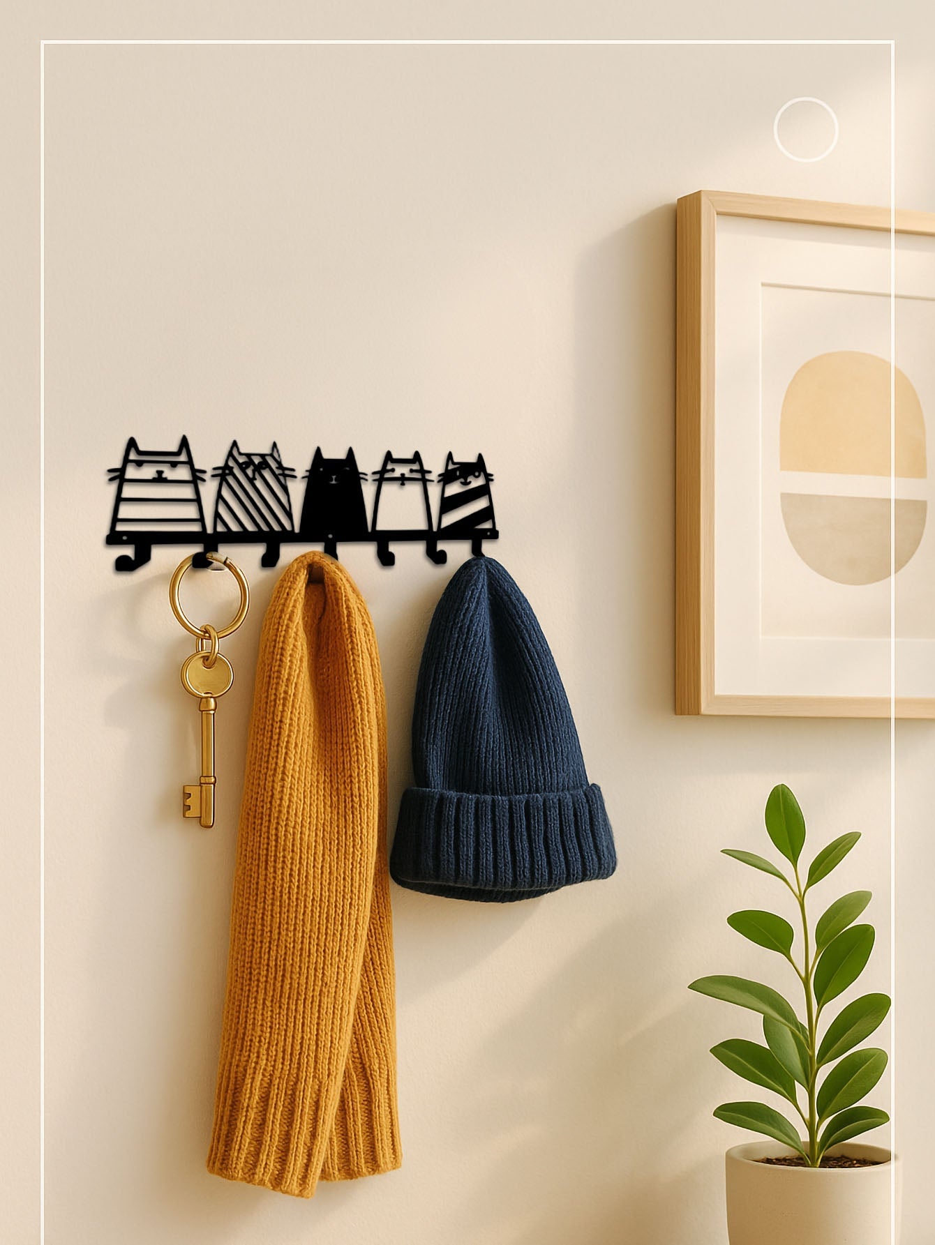 Cute Cat Design Key Holder Wall Mounted (7 Hooks) – Space - Saving Metal Rack for Pet Lover Decor (13.7 in.) - goosavvy.com