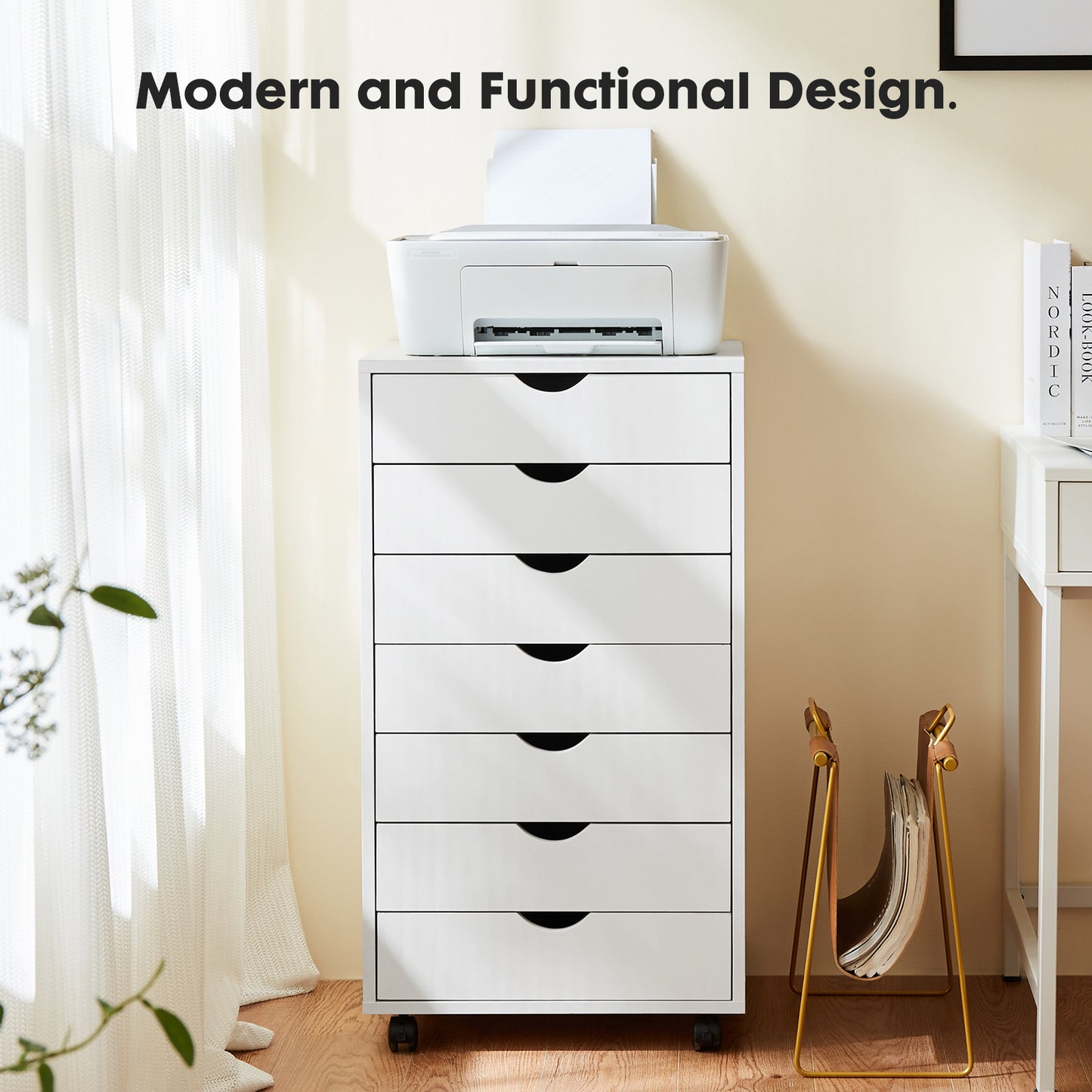 5 or 7 Drawer Wood File Cabinet with Wheels – Modern Dresser Organizer for Office & Home, White