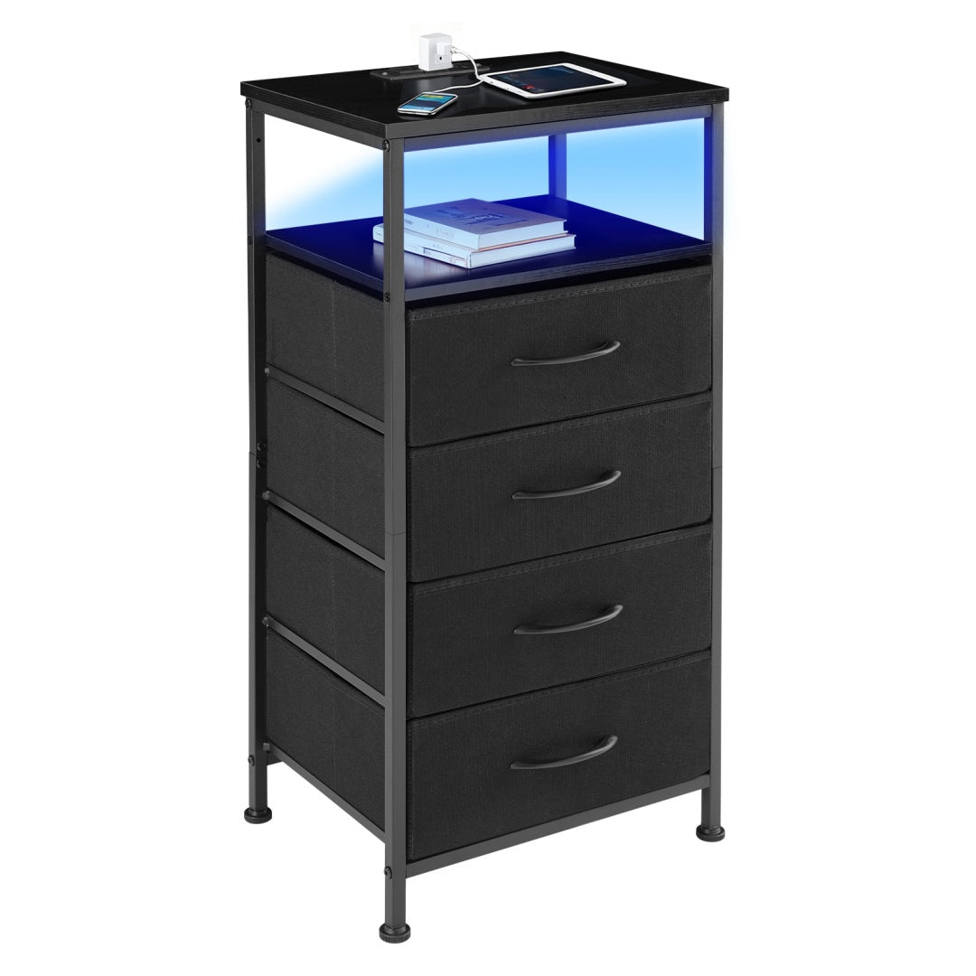 ️ 16" Nightstand with Fabric Drawers, Charging Station & LED Lights