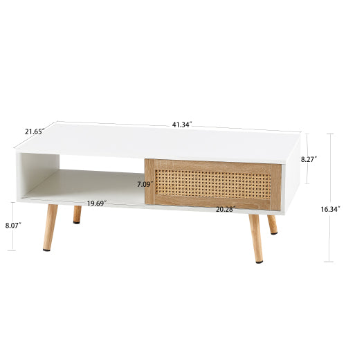 41.3 Inch Modern Coffee Table Rectangle Wood Coffee Table with Sliding Door for Storage, Rattan Coffee Tables for Living Room, Apartment White