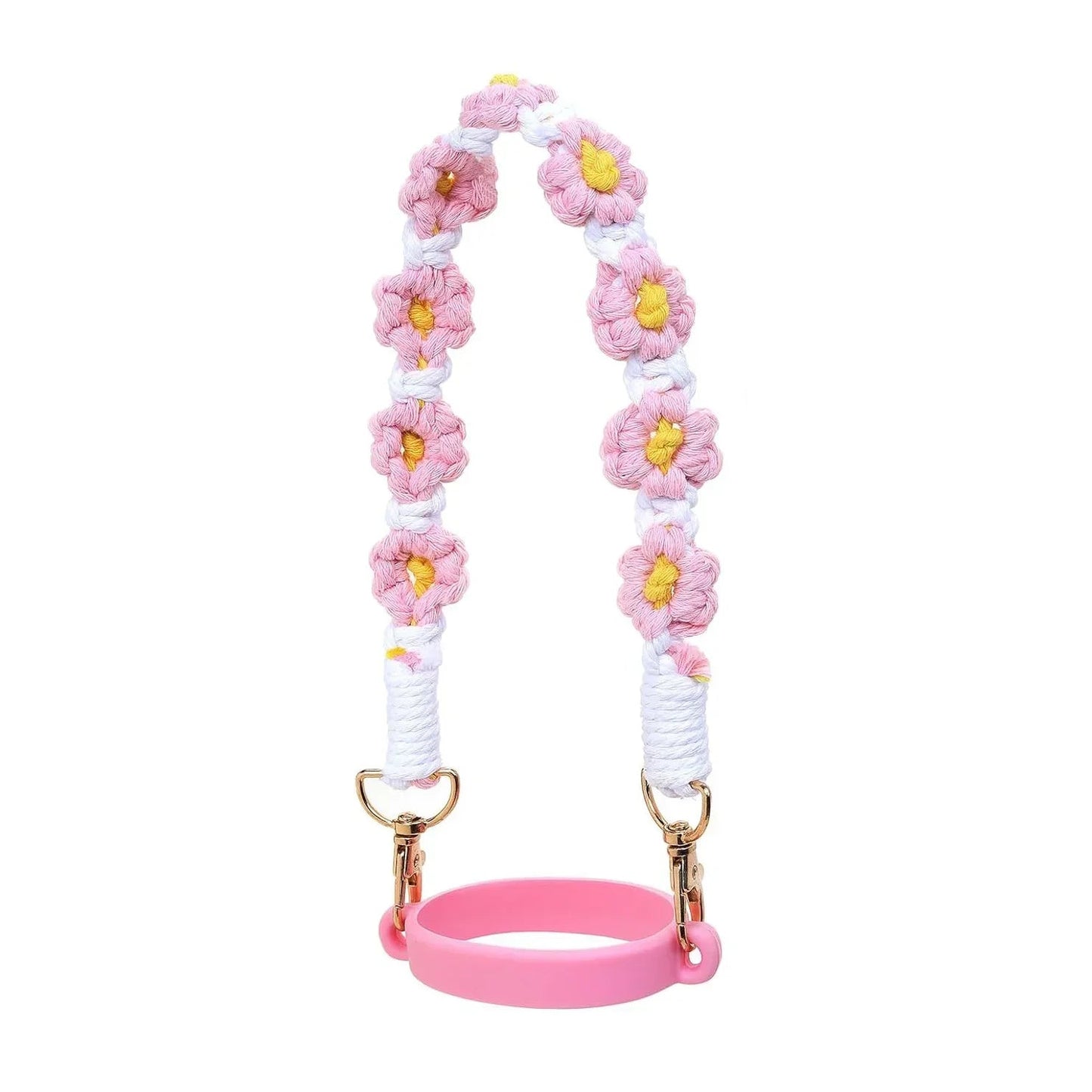 Decorative Water Bottle Sling Carrier – Flower Design Crocheted Handle with Silicone Ring & Strap - goosavvy.com