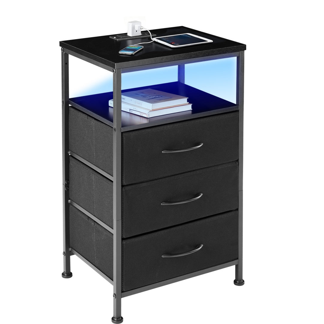 ️ 16" Nightstand with Fabric Drawers, Charging Station & LED Lights