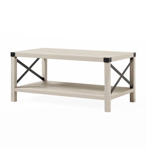 Farmhouse Metal - X Coffee Table with Lower Shelf - Rustic Stone Grey - goosavvy.com
